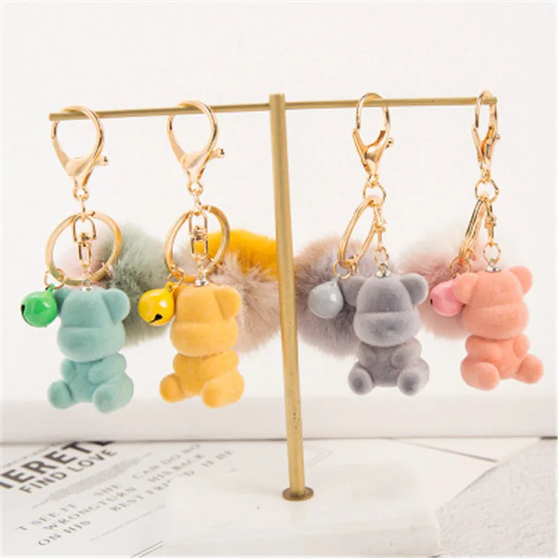 DIY Plush Cartoon Flocking Bear Female Cute Fur Ball Car Key ring Pendant Couple Schoolbag Ornament Keychain