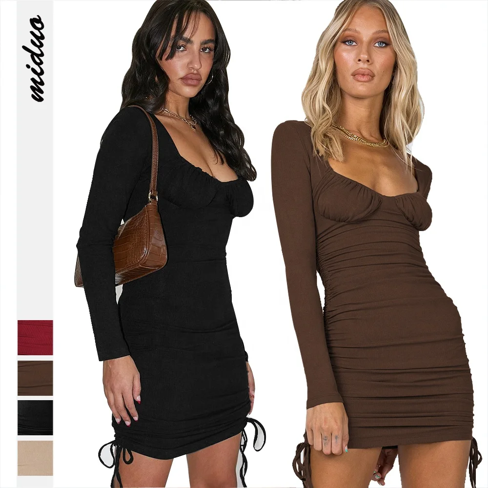 2022 Women Elegant Pencil Long Sleeve Side Drawstring Tassel Ribbing Sheath Sexy Party Bodycon Mini Pencil Women Dress