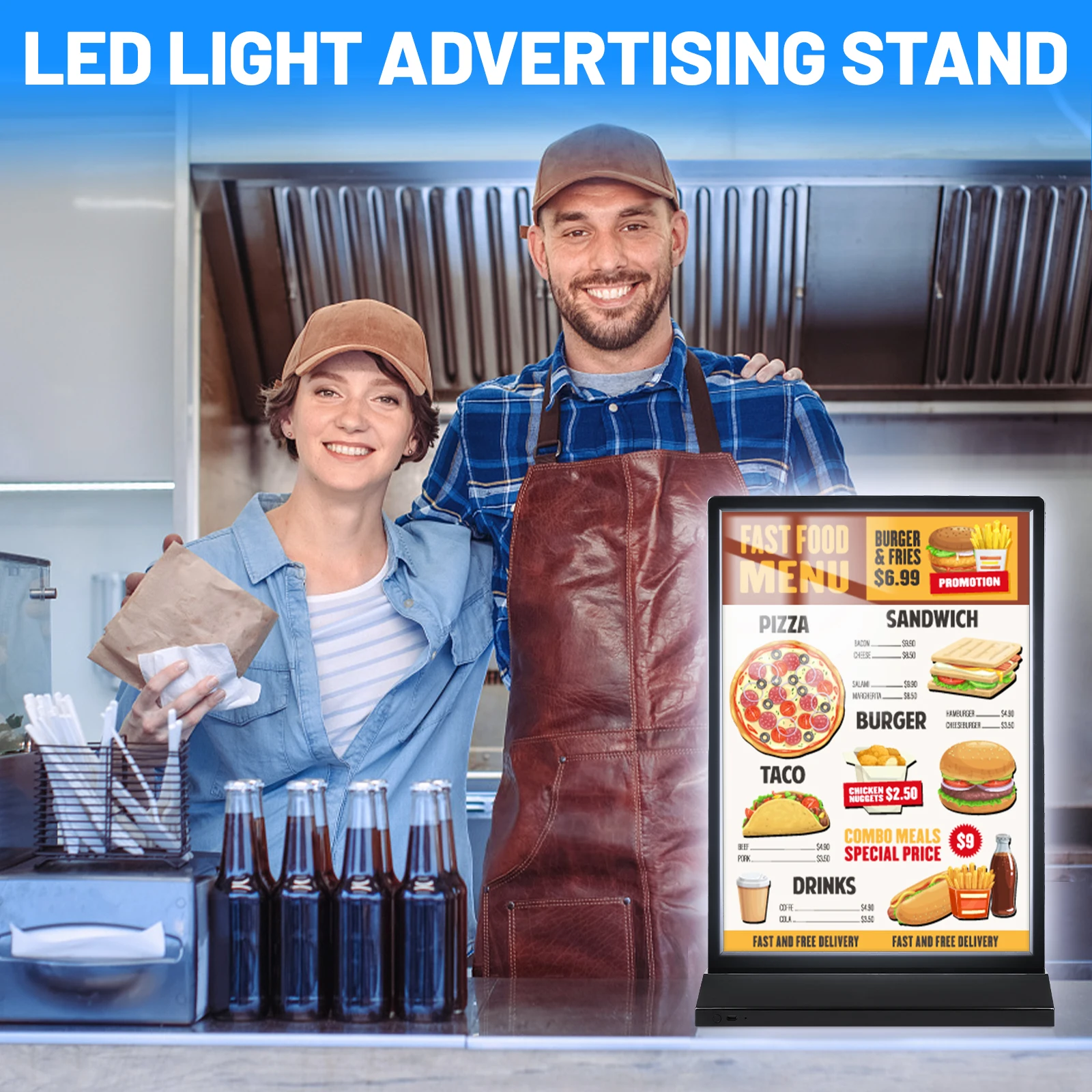 Kejea LED display card stand high quality advertising promotion menu stand rechargeable light box