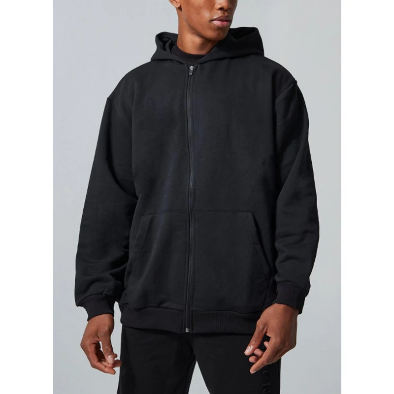 OEM Custom Embroidery Full Zip Up Hoodie Blank Long Sleeve Plain Black Premium Blank Hoodie Jacket Oversized Hoodies With Zipper