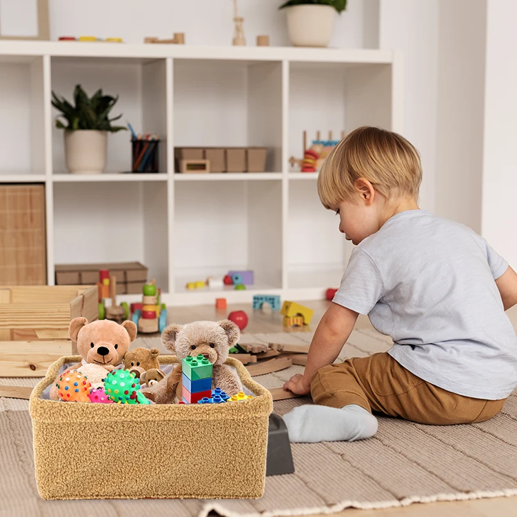 Rectangular Brown Teddy Fabric Kids Toy Decorative Gift Kids Storage Basket Organizer for Shelves