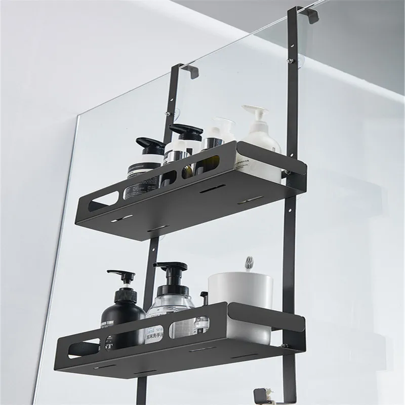 OGJ 201 Double-Layer Non-Perforated Stainless Steel Double-Door Rear Hanging Basket Bathroom Shelf