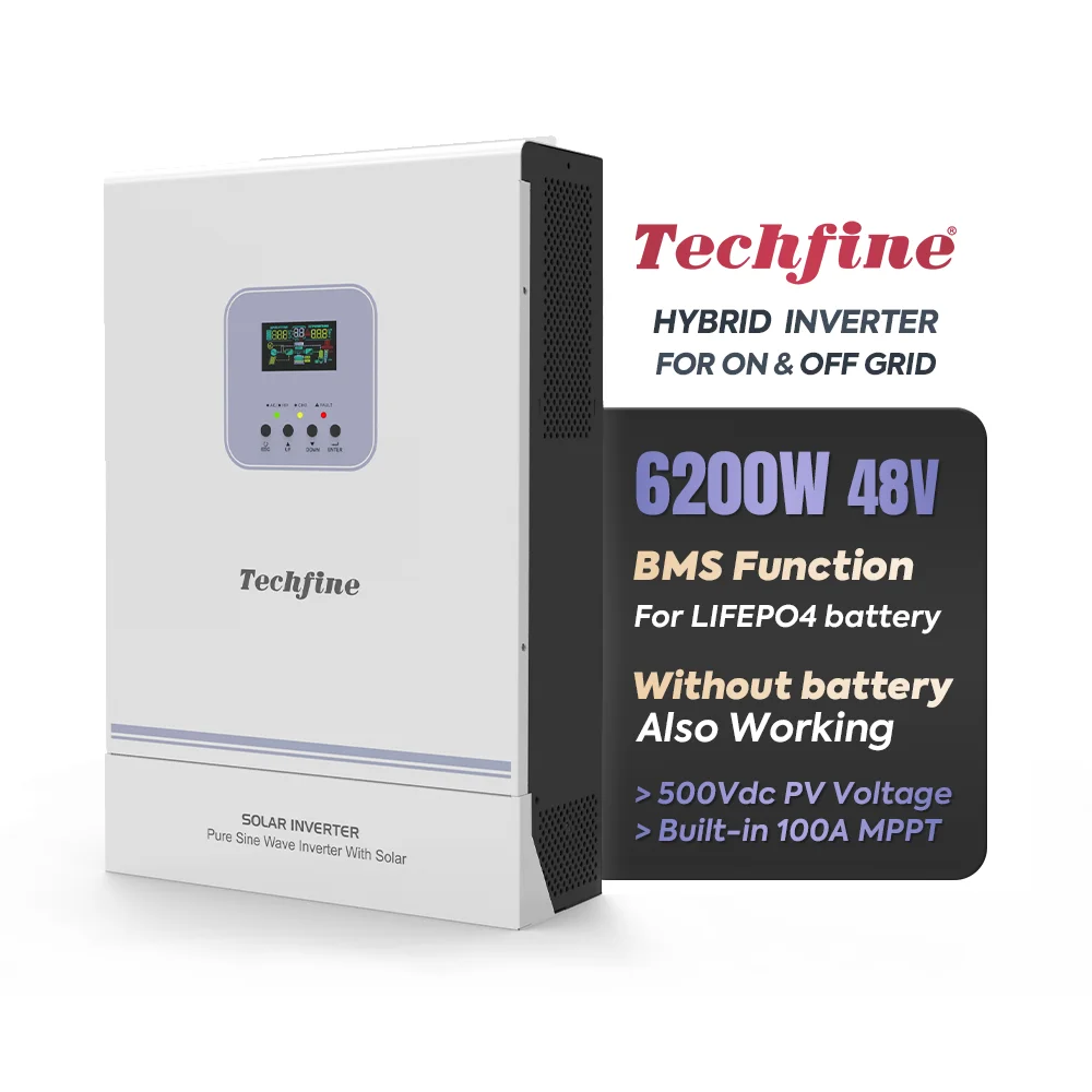 Techfine good prices 100A MPPT Charger single phase on Off Grid 6kw 6200W pv Hybrid Solar Inverter can work without battery