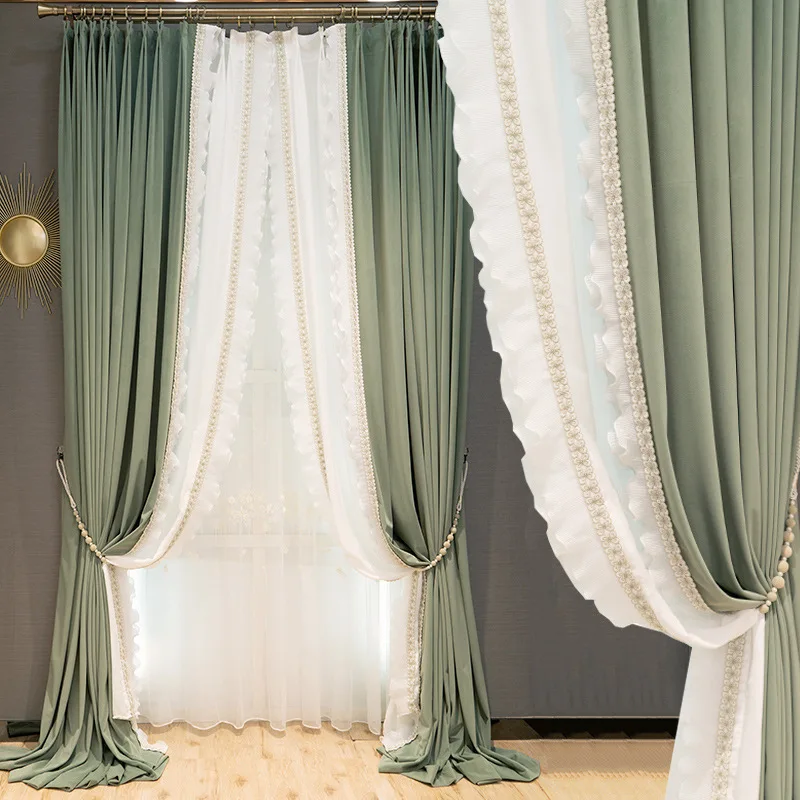 French Rococo light luxury romantic tend curtain cheap thickened shading Green grey velvet embroidered lace curtains for bedroom