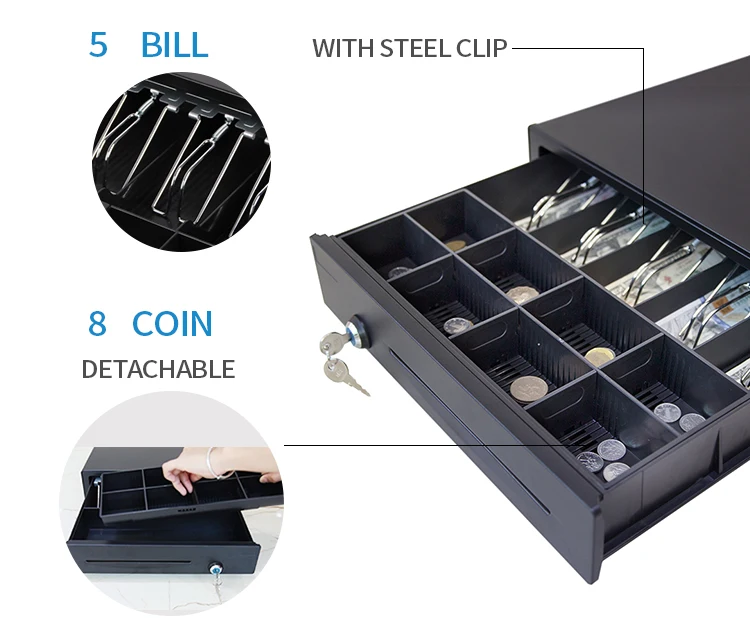 Check-out Counter 5 Bill 8 Coin Slot Key Lock Metal Money Drawer Cash Box Drawer For POS System