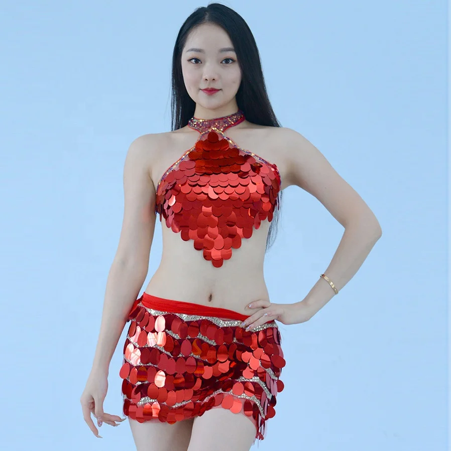 Fashionable Shiny Sequin top vest skirt set Night Club Dance Stage performance sexy clothes for adult Girl show costumes
