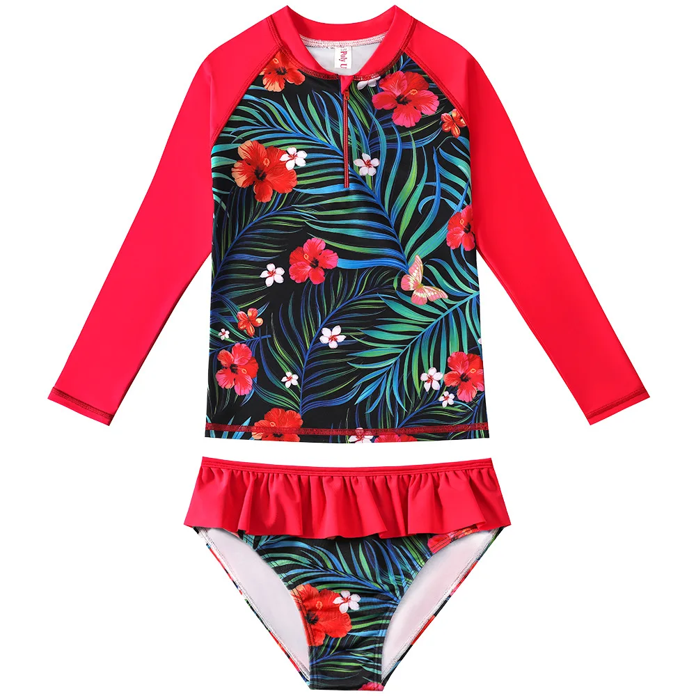 New Style Custom Girls Swimwear 2pcs Long Sleeve Bathing Suit with Quick Dry for Kids
