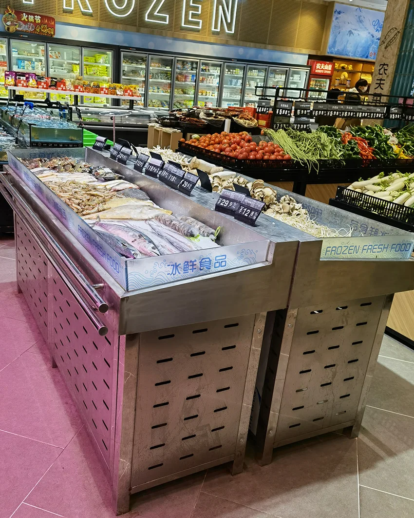 Customized 304 Stainless steel fish on ice table seafood stand fishes on sale display supermarket fish display table