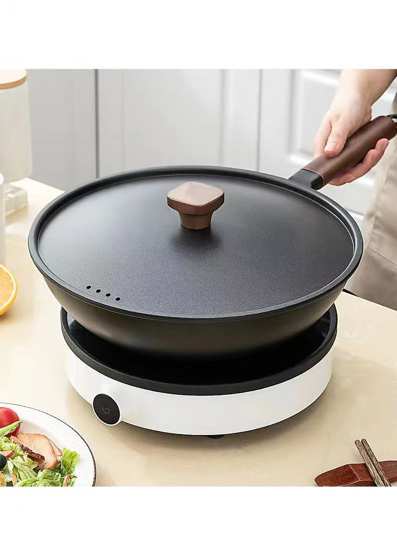 Cast Iron Non Stick Home Use 32cm Wok Pan Induction Wok Duty Durable Fry Pans Kitchen Carbon Steel Household Gas General Purpose