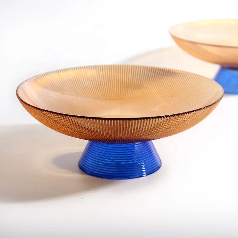 Samyo Custom 7 9 11inches European Luxury Round Home Decoration Colored Glass salad Fruit Bowl Plate with Metalicic Base