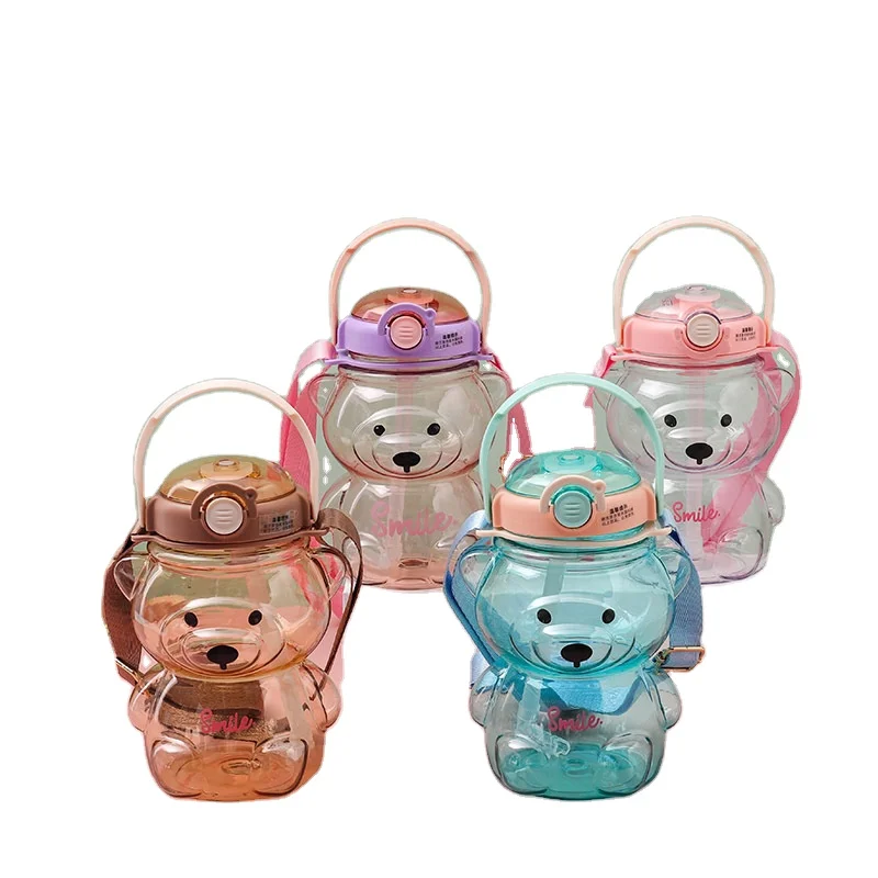 1l Large Capacity Plastic Bear Water Bottle With Straw Strap For Children Portable Water Kettle For Girl