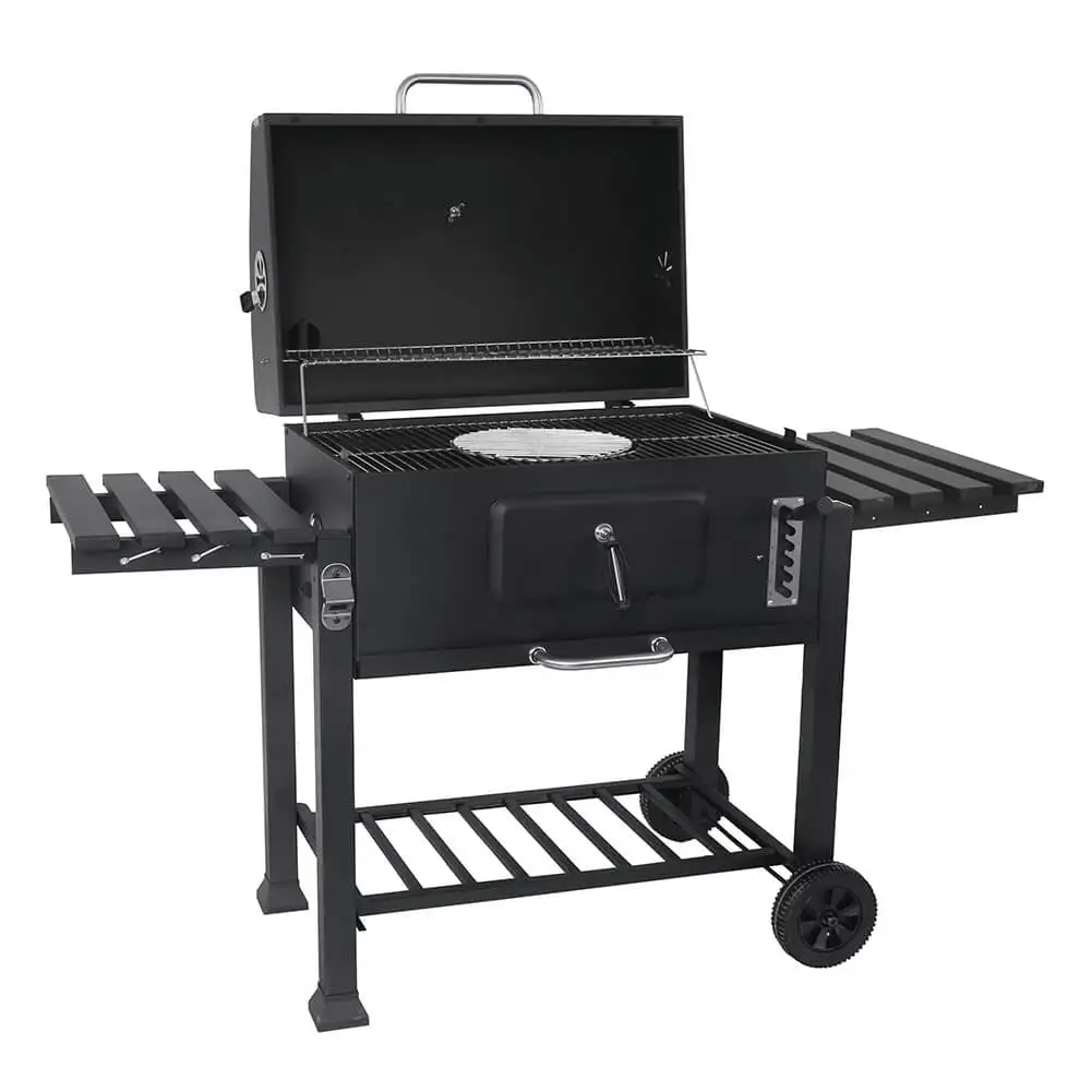 Square Trolley Cast Iron Grill Smoker with Chimney Charcoal Barbecue with Lid