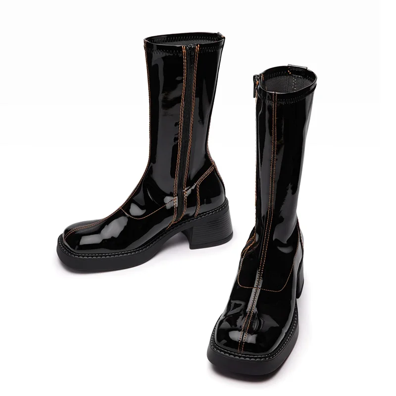 Custom Shiny Midi Boots Manufacturer Patchwork Design Rubber Sole Patent Leather Boot Custom Patent Leather Midi Boots For Girls