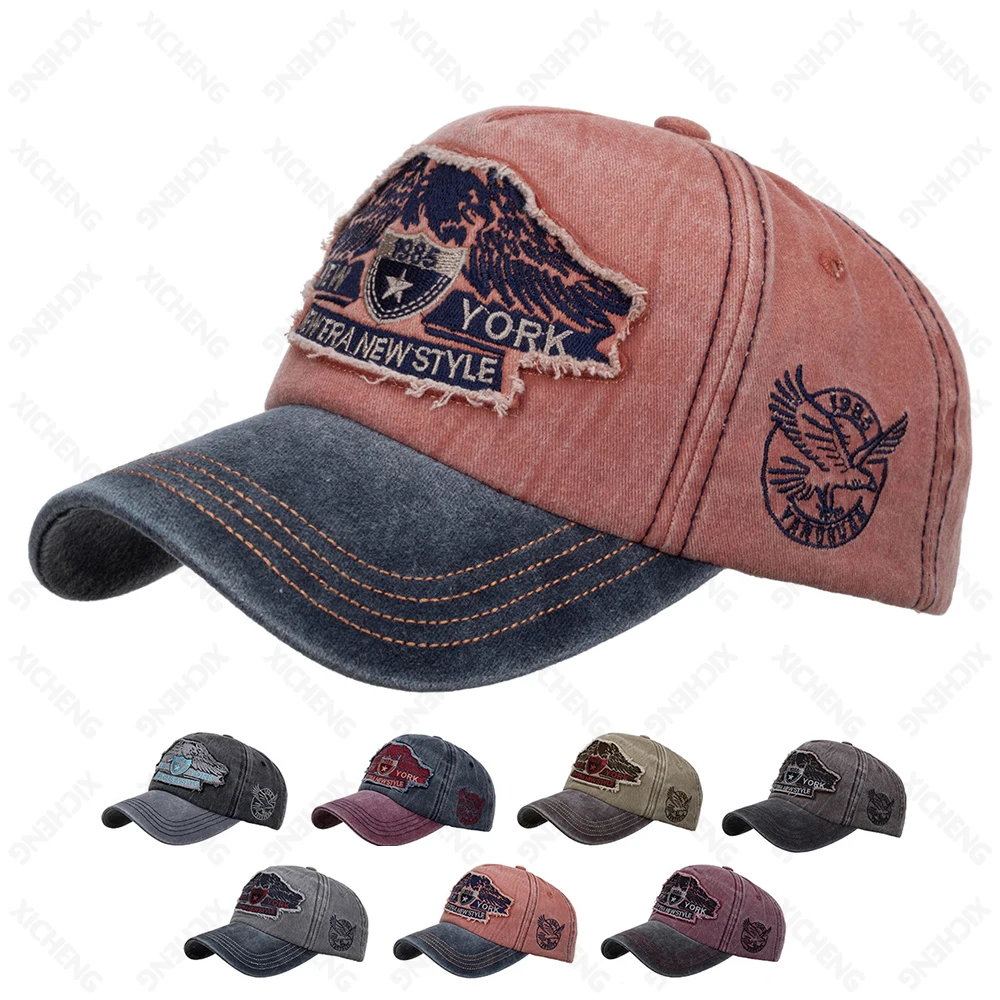 New custom eagle new york embroidered 6 panel vintage washed cotton baseball cap  distressed 2 two tone baseball hat for women m