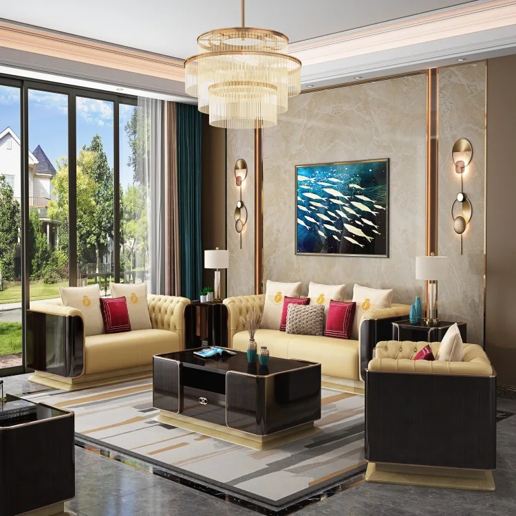 luxury leather sofa villa size apartment Hong Kong style postmodern Italian style living room solid wood har