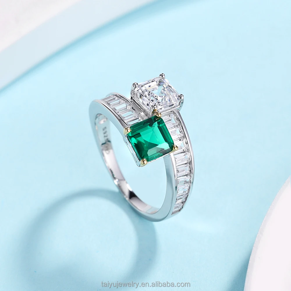 TY Open Ring Zirconia CZ Elegance 925 Sterling Silver for Women Rectangle Stone Pagoda Green Cusp Crystal Adjustable Open Ring