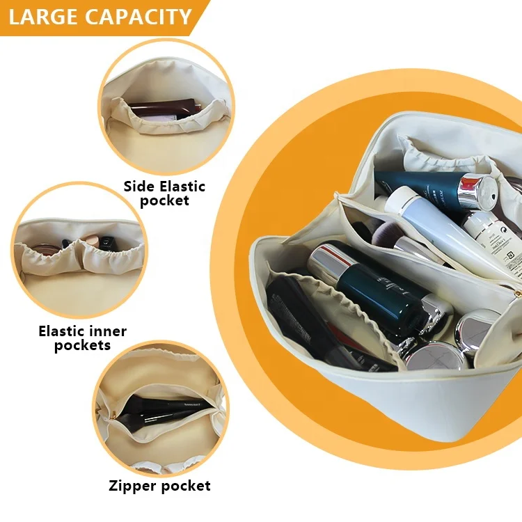 Custom Logo Waterproof  Women Portable Luxury Genuine Large Travel Cosmetic Pillow Wash Pouch PU Leather Makeup Toiletries Bag