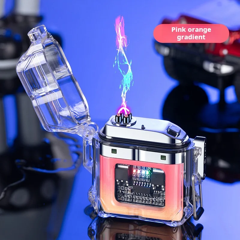 Waterproof Electronic Pulse Lighter with Transparent Case Windproof Outdoor Dual Arc Igniter