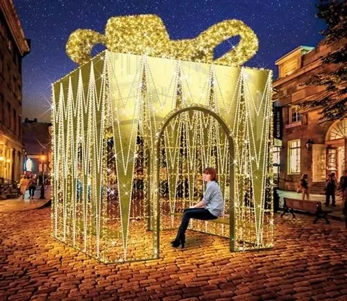 christmas art decoration luxury led 3d gift box sculpture iron metal frame for yard decoration