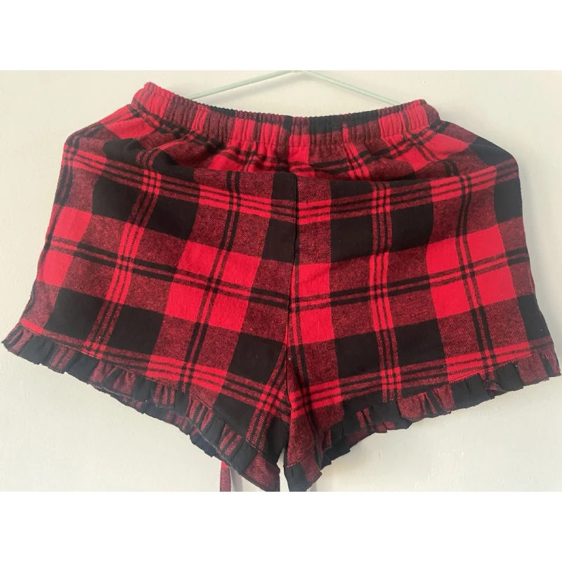 Christmas Sleepwear Womens Plaid Ruffle Hem Elastic Waistband Pajama Sleep Shorts Buffalo Plaid Ruffle Trim Pajama PJ Shorts