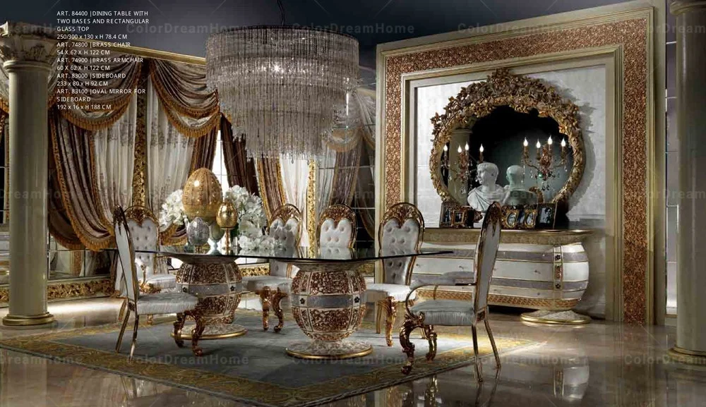 Rococo Royal Luxury Furniture Gold Wood Carving Long Dining Table and Chair Set Glass Countertop