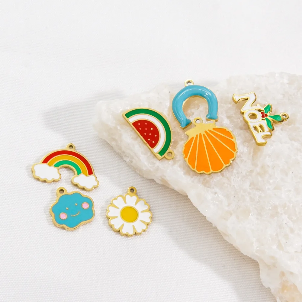 Stainless steel Enamel Drip Oil Watermelon Rainbow Pendant Colorful Flower Smile Cloud U Noel Christmas Charms DIY Gift
