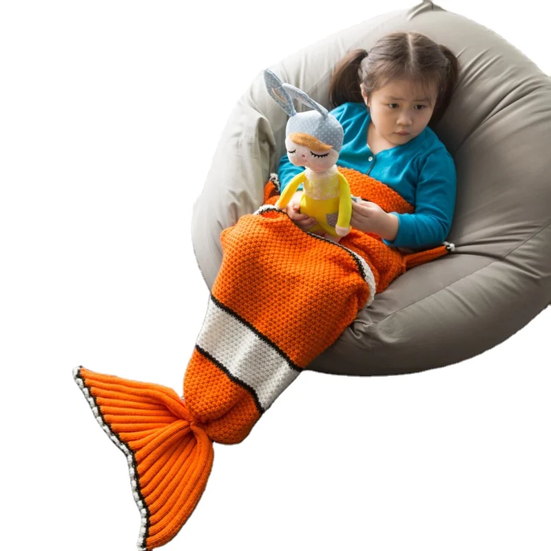 Wholesale Soft Baby Knitted Crochet Throw Weight Polyester Cable Toy Mermaid Tail Blanket for Adult Kids Children