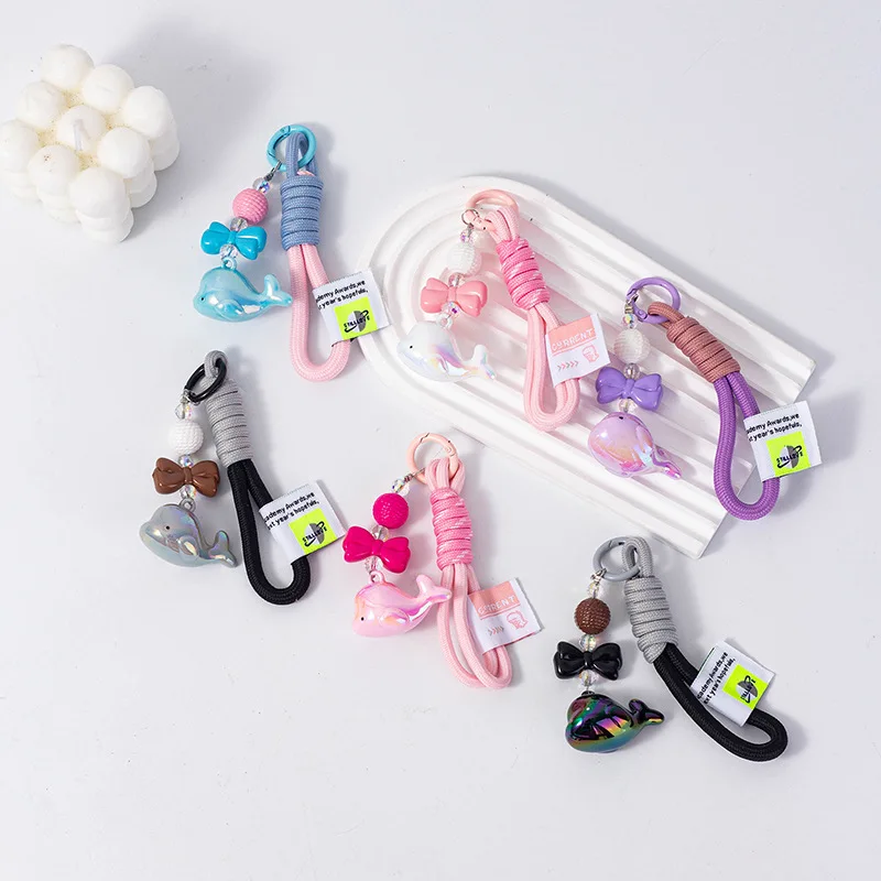 Trendy Girl Cute dolphin bag Charm keychain with Nylon braided rope wrist strap keychain