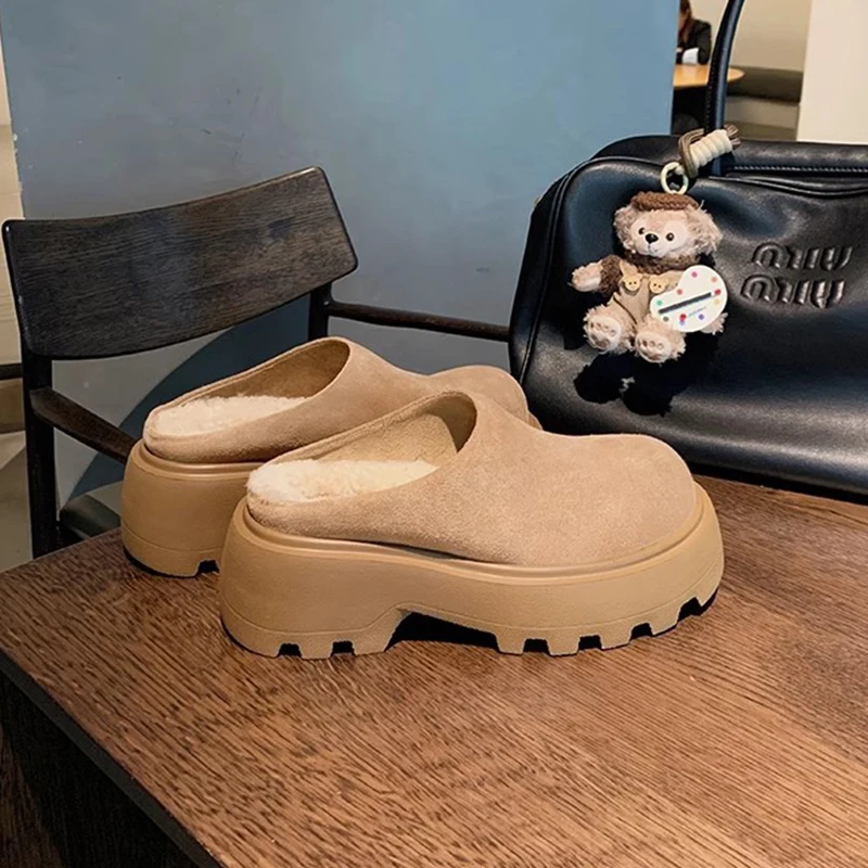 Kemayanni New Arrival Winter Leather Baotou Boken High Heels Thick Bottom Warm Fury Slippers