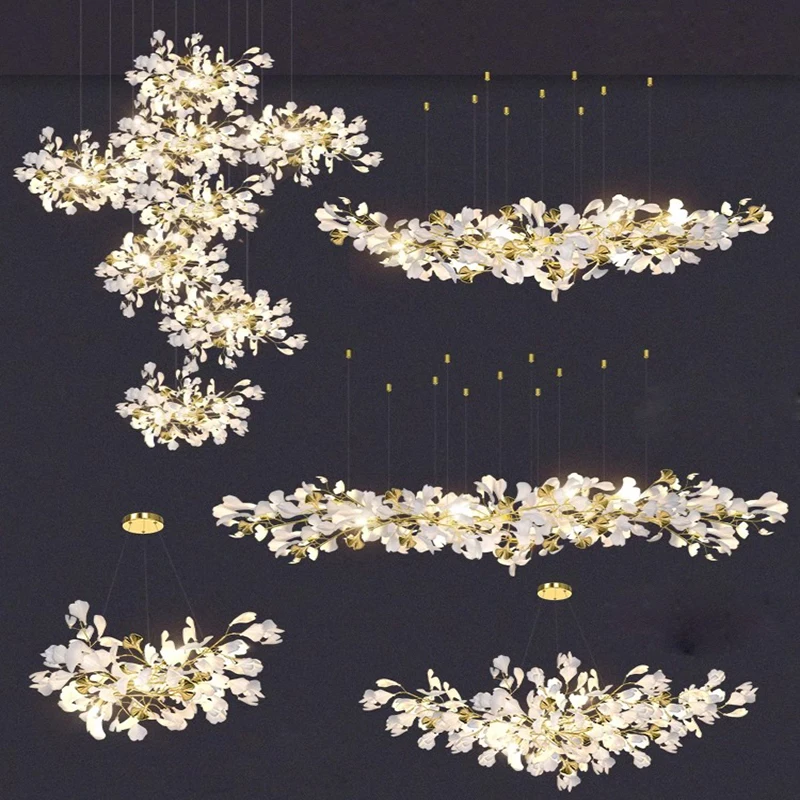 White Ceramic Gingko Leaf Petals Luxury Staircase Hotel Custom Chandelier
