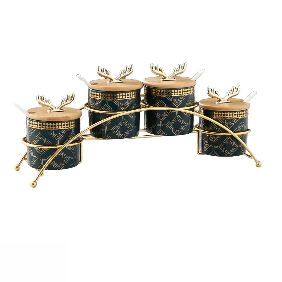 Hot Selling Modern Ceramic Spice & Coffee Tea Storage Jar Set Kitchen Use with Gold Stand for Camping