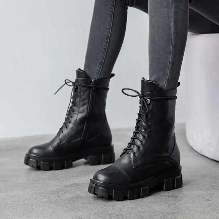 Pure wool snowshoes for women leather thick-soled lace-up boots for women plus size 40 41-43 cowhide medium boots for women