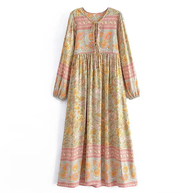 Customization Summer Bohemian Women Vacation Casual Breathable Loose Long Sleeve Midi Floral Dress