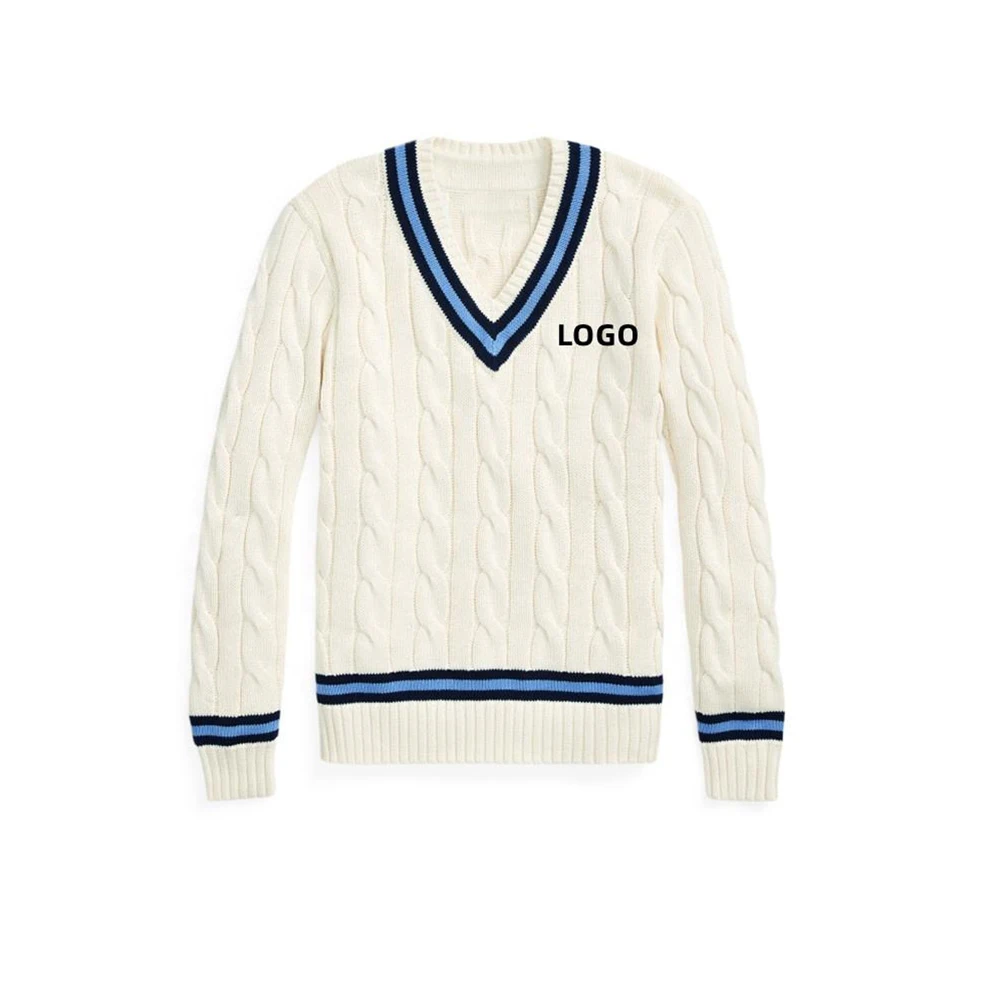 Custom logo Men v Neck Striped Trim Cotton Classic Cable Texture Varsity Cricket Sweater