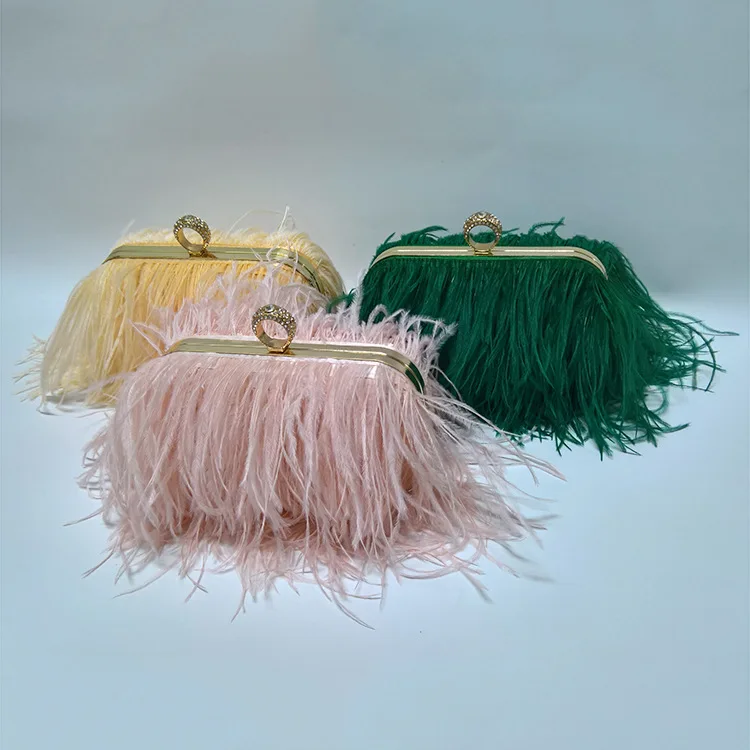 2022 Hot Sell Fashion Women Fluffy Ostrich Feather Evening Dress Clutch Bag Purse Shoulder Bag