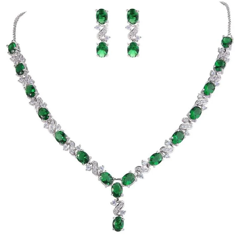 Rhodium Gold Silver Blue Sapphire Bridal Wedding Jewelry Set Oval Shaped Blue Pink Green Ruby Diamonds Necklace Earrings Set