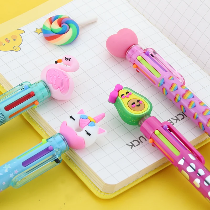2022 New Cute Cartoon Modeling Ballpoint Pen Button Plastic Unicorn Avocado Multicolor 6 In 1 Cartoon Ballpoint Pen
