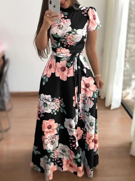 Summer Ladies Casual Long Dress Bohemian Print Turtleneck Sweater