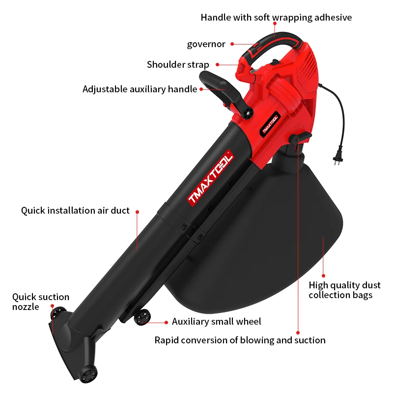 Alternating Current 2800w 14000rpm Powerful Suction Mulching Functions Flat Mouth Corded Electric Vacuums Leaf Blower