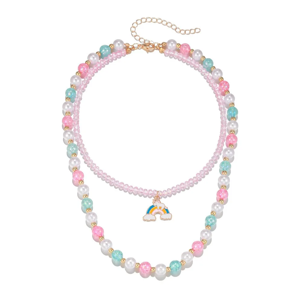 Simple Colorful Crystal Handmade Beaded Necklace Fashion Dolphin Rainbow Pendant Double Layer Necklace