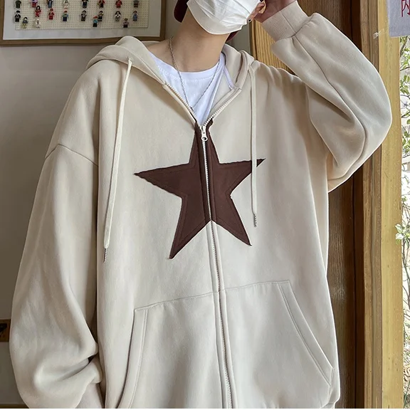 patch Embroidery Stars Hoodies unisex oversized Hip Hop Jacket High Street Zip Up Hoodie Loose Sweatshirt men Clothes Y2K Tops