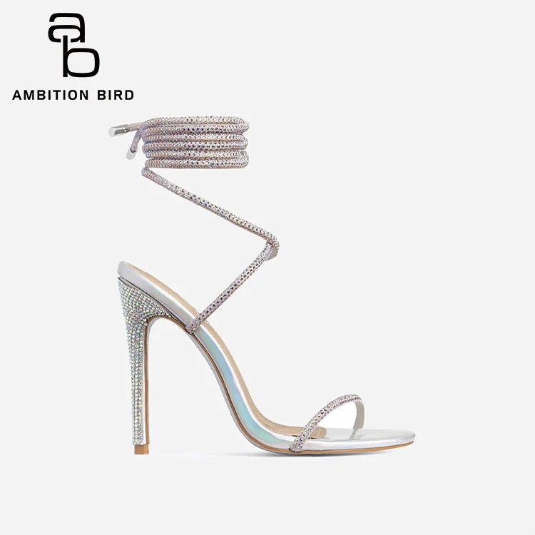 Silver Holographic Faux Leather Heel Sandal Shoes Carmella Glitter Sole Diamante Lace Up High Heels Shoes Sandals For Women