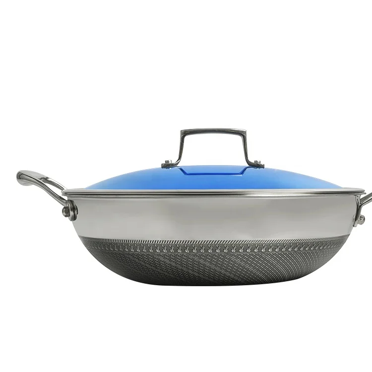 Hot Sale 316 chinese stainless steel honeycomb non stick gas cooker wok pan with lid