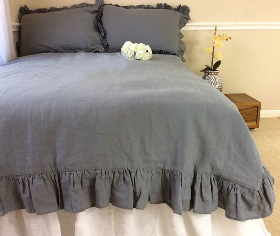 Hot Sale Bed Linen 100% Pre Washed Pure Linen Quilt Duvet Cover Princess Bed Sheet Bedding Sets With Lotus Leaf Edge