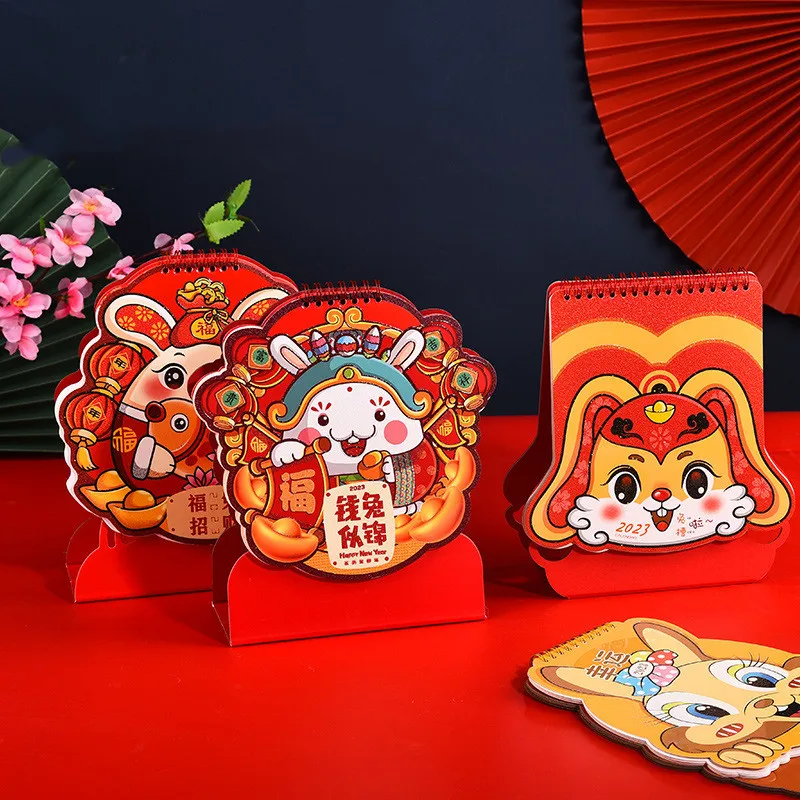 2023 Rabbit Year Cartoon Chinese New Year Special-shaped Table Calendar Red Desktop Small Desk Calendar