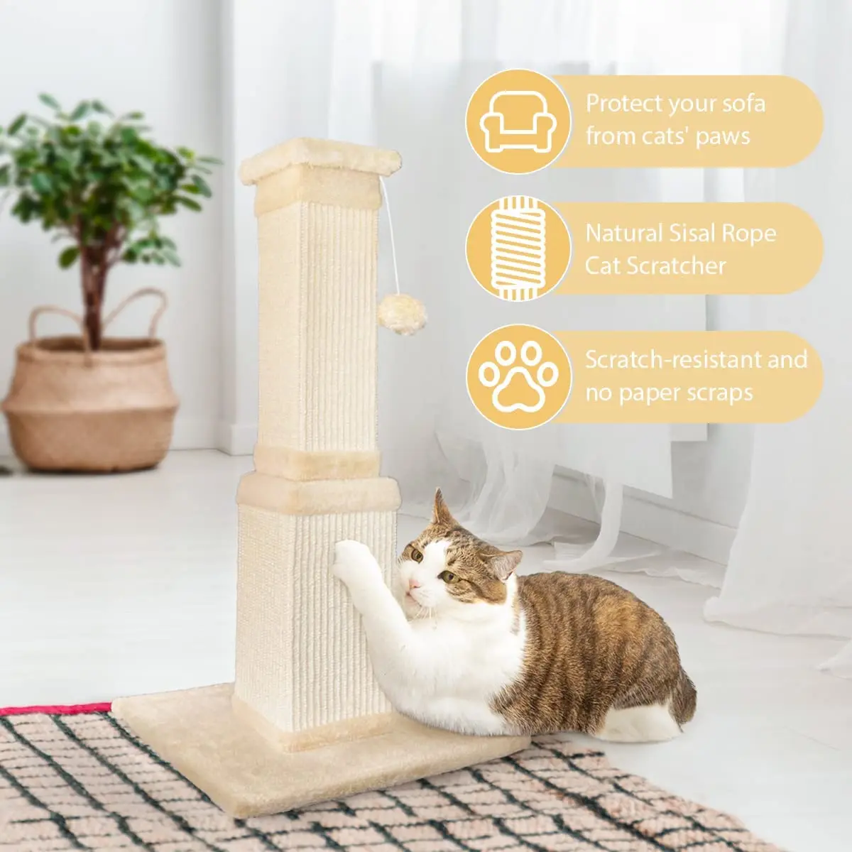 Cat Scratching Post, 32 Inch Large Cat Scratch Post for Cats and Kittens, Nature Sisal Modern Cat Scratcher for Indoor Cats