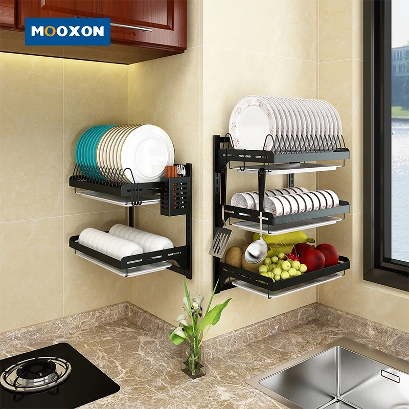 Wall Mount 2  Tier Plate Organizer Countertop Storage Stand Stainless Steel Bowl Drainer Dish Drying Rack With Cutlery Holder