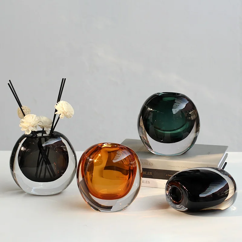 Bixuan Mouth-blown Glass Vase Modern Home Decor Design Table Centerpieces High-end Thick Heavy Solid Color Oval Bud Glass Vases