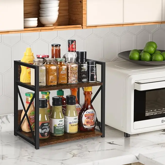 2-Layer Wooden Coffee Bar Accessory Storage Rack for Countertops with Seasoning Mugs Cups Cream & Syrup Holder
