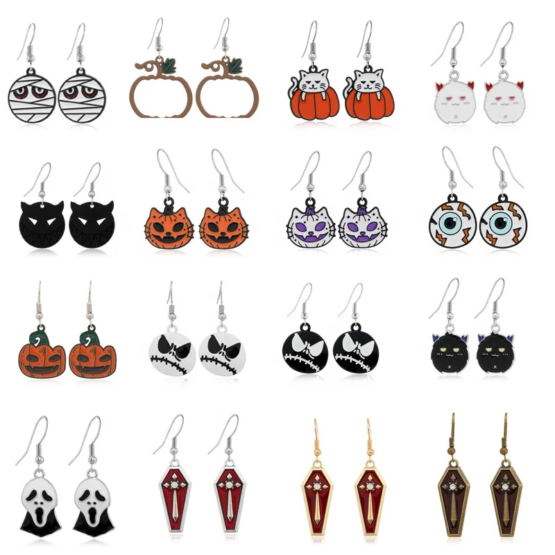 Halloween Dangle Earrings Punk Witches Skull Cat Bat Crystal for Women Gift